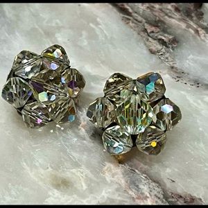 Vintage clip on earrings aurora borealis beautiful mid century glam glitz bling